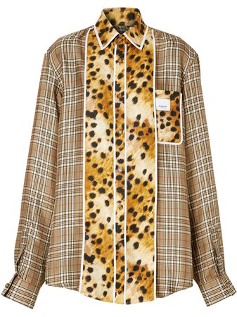 Shop Burberry spotted monkey print panel check oversized shirt with Express Delivery - Farfetch