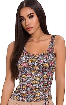 YumiDay Women Tank Tops Fitted, Ruched Tank Top Drawstring Side Floral Tank Tops Stretchy at Amazon Women’s Clothing store