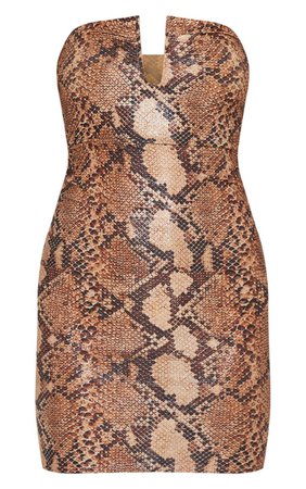 Tan Plunge Metallic Snake Print Dress | PrettyLittleThing