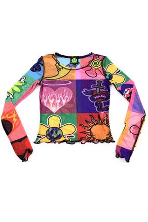 Rainbow Patch Print Mesh Long-Sleever - Tunnel Vision - CROP TOP