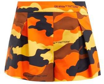 Off White Camouflage Print Pleated Cotton Shorts - Womens - Brown Multi