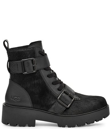UGG® Zorrah Calf Hair Leather Buckled Straps Chunky Lug Sole Booties