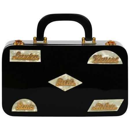 Wilardy Black Lucite Mother of Pearl and Gold Travel Destination Bag, 1950s For Sale at 1stdibs