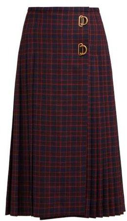 Pleated Tartan Wool Skirt - Womens - Navy Multi