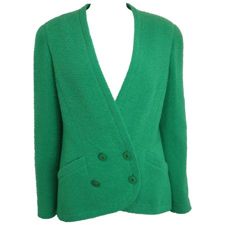 94 Chanel Green Boucle Wool Collarless Double Breasted Jacket For Sale at 1stDibs | green boucle jacket
