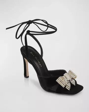 DEE OCLEPPO Gina Velvet Crystal Bow Ankle-Wrap Sandals | Neiman Marcus