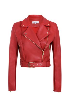 Clothing : Jackets : 'Zulai' Red Vegan Leather Cropped Biker Jacket