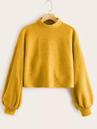 Lantern Sleeve Rib-knit Tee | SHEIN USA yellow