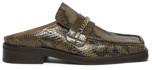 Square Toe Python Effect Leather Backless Loafers - Womens - Python