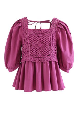 Crochet Spliced Bubble Sleeve Dolly Top in Magenta - Retro, Indie and Unique Fashion