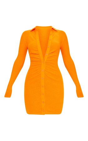 Orange Brushed Rib Long Sleeve Ruched Shirt Dress | PrettyLittleThing USA