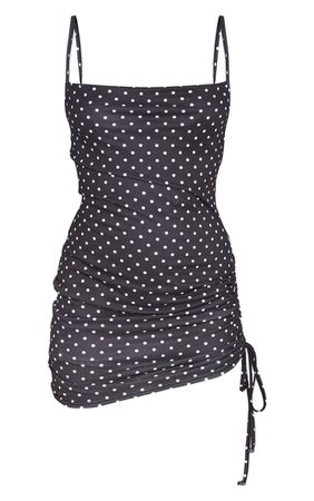 Black Polka Dot Cowl Neck Ruched Side Bodycon Dress | PrettyLittleThing USA