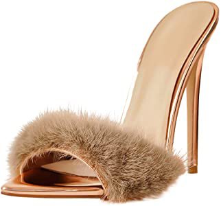 Amazon.com | Richealnana Women's Pointed Toe High Heels Slip On Mules Open Toe Real Fur Sexy Slipper for Casual Party Heeled Sandals Black Size 5 | Mules & Clogs