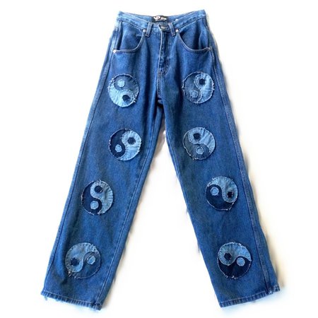 Completely one of a kind vintage 90s loose fit straight/tapered jeans with amazing custom patchwork frayed yin yang symbols