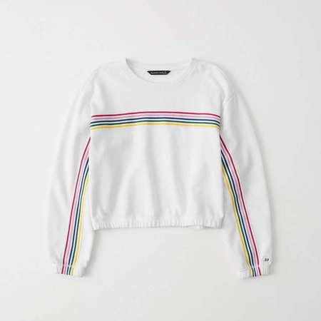 A&F Women's Striped Tape Crewneck Sweatshirt in White - Size M