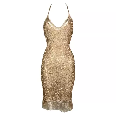 S/S 2007 John Galliano Sheer Pearl Embellished Nude and Gold Bodycon Halter Dress For Sale at 1stDibs