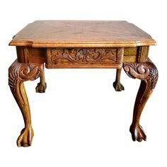 Vintage Carved Oak Parquetry Inlaid Ball & Claw Side Table