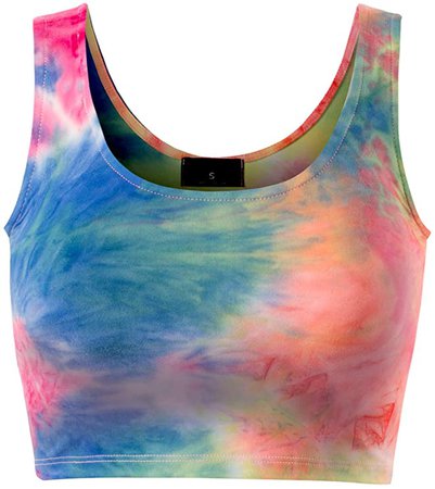 MixMatchy Women's Basic Tie Dye Multicolor Print Stretchy Casual Scoop Neck Crop Top Tee Shirts Ice Tie Dye L at Amazon Women’s Clothing store