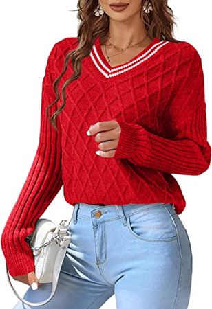 Wihion Women V Neck Cable Knit Sweater Casual Long Sleeve Cricket Pullovers Chunky Preppy Jumper Tops at Amazon Women’s Clothing store