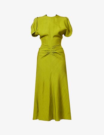 VICTORIA BECKHAM - Split-sleeve gathered-front woven midi dress | Selfridges.com