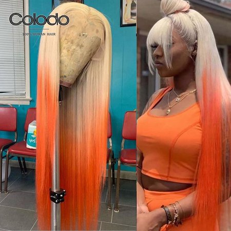 COLODO Pre Plucked Ombre Orange Wig with Bangs Yellow Remy Brazilian Wig 150% Density Blue Lace Front Human Hair Wigs for Women|Human Hair Lace Wigs| - AliExpress