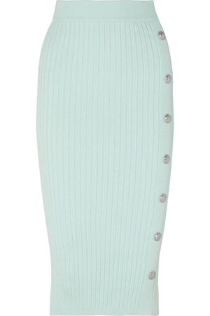 Balmain Button-embellished ribbed stretch-knit midi skirt
