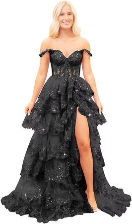 Amazon.com: Off Shoulder Sequin Tulle Prom Dresses Layered Romantic Ball Gown Sparkly Formal Gown with Slit: Clothing, Shoes & Jewelry