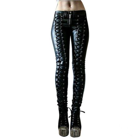Women Slim Fit Casual Clubwear Pant High Waist Lace Up Pants Pu Leather Trousers | eBay
