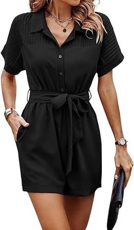Amazon.com: Fisoew Women's Summer Short Sleeve Rompers Button Down Belted Shirt Short Jumpsuits with Pockets : Clothing, Shoes & Jewelry
