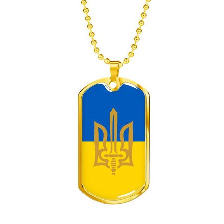 Stylized Tryzub And Ukrainian Flag - 18k Gold Finished Luxury Dog Tag - Unique Gifts Store