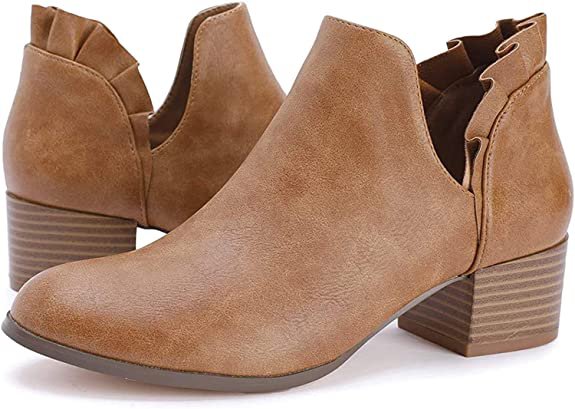 Amazon.com | Fashare Womens Fall Cutout Booties Ankle Heels Low Stacked Ruffle Slip On Dress Short Boots Shoes Tan | Ankle & Bootie