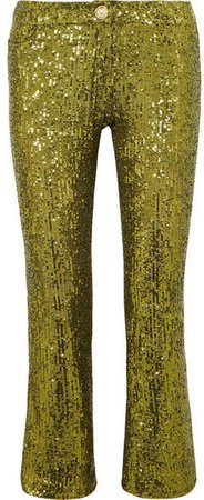 Cropped Sequined Stretch-tulle Flared Pants - Gold