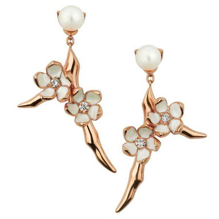 Shaun Leane enamel Silver Gold Vermeil Small Branch Cherry Blossom Earrings For Sale at 1stdibs