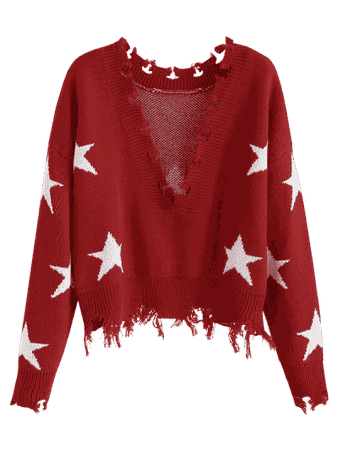 ZAFUL Cropped Frayed Stars Sweater