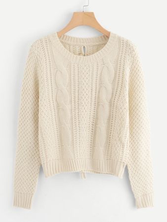 Lace-Up Back Cable Knit Sweater | SHEIN