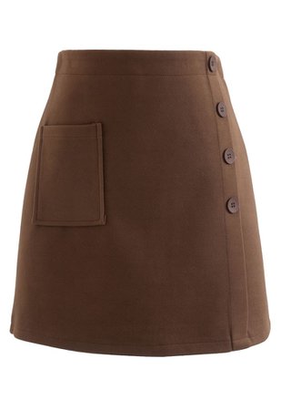 Button Decorated Wool-Blend Mini Bud Skirt in Caramel - Retro, Indie and Unique Fashion