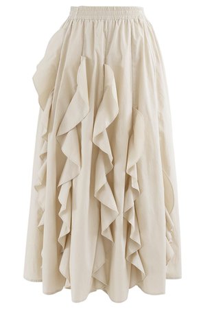 Ruffle Trim A-Line Cotton Midi Skirt in Cream - Retro, Indie and Unique Fashion