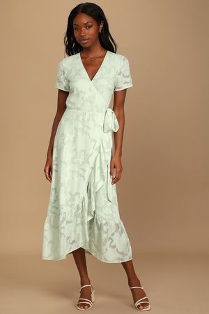 Sage Green Midi Dress - Jacquard Dress - Short Sleeve Wrap Dress - Lulus