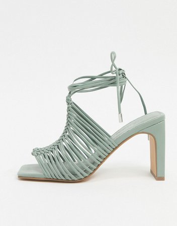 ASOS DESIGN Halo plaited mid-heeled sandals in sage green | ASOS