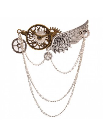 Steampunk Lolita Mechanical Gear Silver Wing Brooch