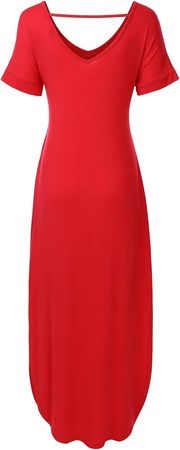 danibe Women's Short Sleeve Loose Split Long Maxi Dress with Pockets RED M at Amazon Women’s Clothing store