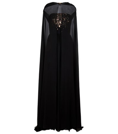 ELIE SAAB - Sequin silk-blend chiffon gown with cape | Mytheresa