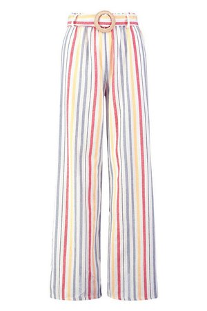 Linen Stripe Belted High Waist Wide Leg Trouser | Boohoo