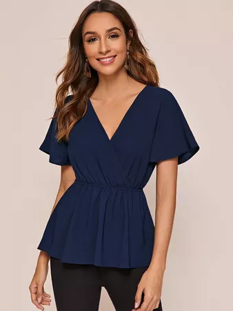 Surplice Front Solid Peplum Blouse | SHEIN USA