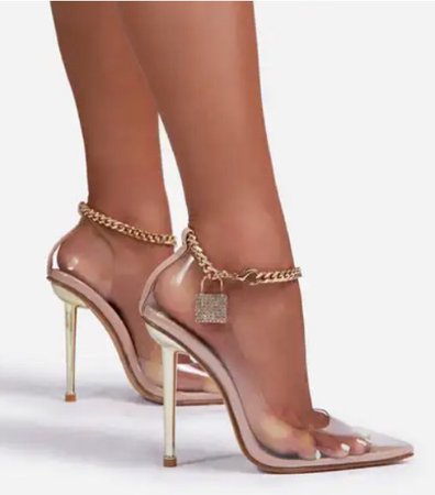 Empower Diamante Padlock Chain Detail Clear Perspex Metallic Court Heel In Nude Faux Leather