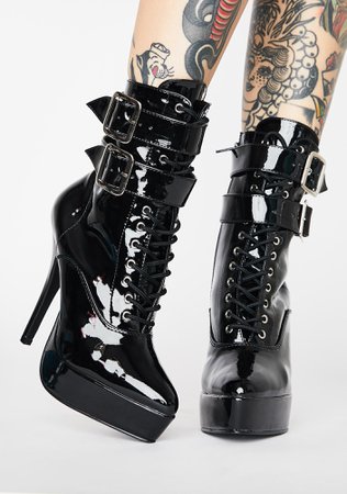 Pleaser Indulge 1026 Patent Platform Buckle Heel Boots Lace Up Black | Dolls Kill