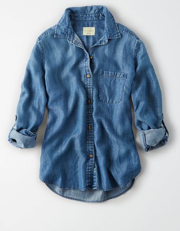 AE Boyfriend Button Up Shirt, Medium Wash | American Eagle Outfitters