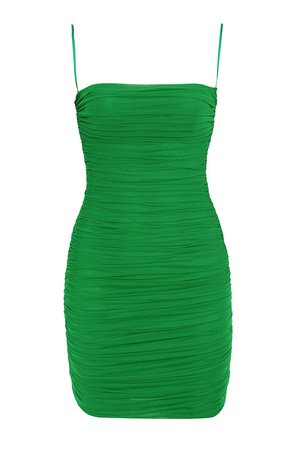Clothing : Bodycon Dresses : 'Ella' Emerald Green Ruched Organza Mesh Mini Dress