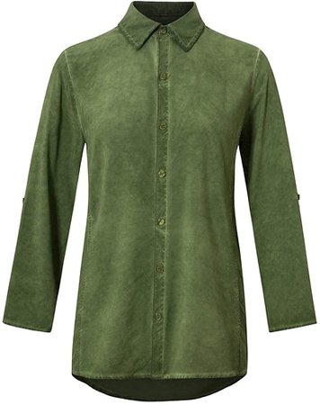MACLLYN Womens Button Down Shirt Soft V Neck Oil Wash Blouse, Roll Up Long Sleeve Casual Tunic Top Green, S at Amazon Women’s Clothing store