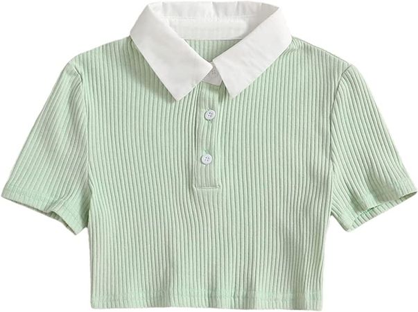Milumia Girl's Cute Rib Knit Shirts Short Sleeve Button Front Collar Crop Tops Mint Green 11-12 Years